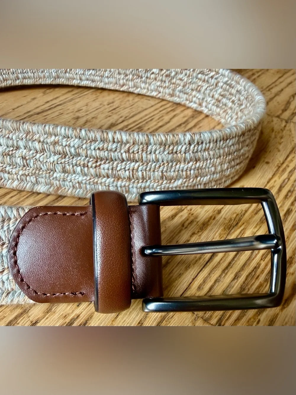 Roundtree & Yorke Men’s Woven Stretch Belt Beige Brown Leather Size 44